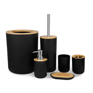 6-Piece Bamboo & Plastic Bathroom Set – Trash Can, Toilet Brush, Soap Box, Lotion Bottle, Toothbrush & Mouth Cup