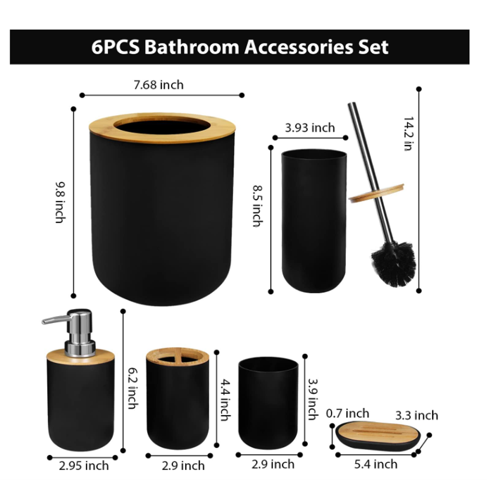 6-Piece Bamboo & Plastic Bathroom Set – Trash Can, Toilet Brush, Soap Box, Lotion Bottle, Toothbrush & Mouth Cup - Image 2