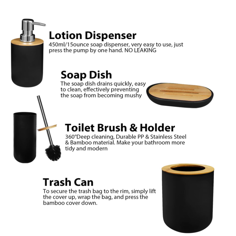 6-Piece Bamboo & Plastic Bathroom Set – Trash Can, Toilet Brush, Soap Box, Lotion Bottle, Toothbrush & Mouth Cup - Image 3