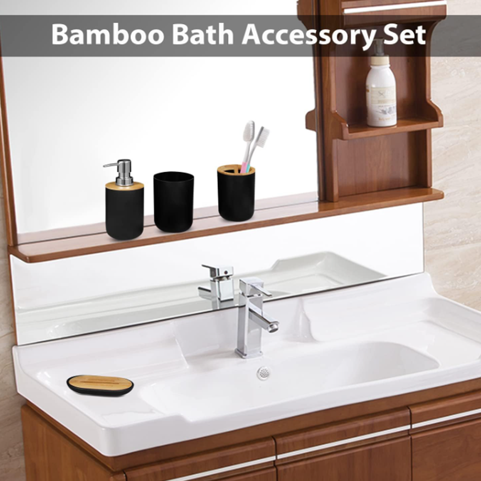 6-Piece Bamboo & Plastic Bathroom Set – Trash Can, Toilet Brush, Soap Box, Lotion Bottle, Toothbrush & Mouth Cup - Image 4